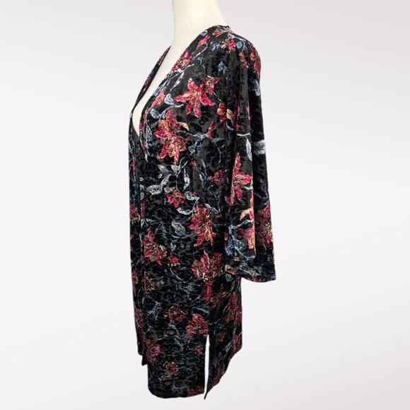 Monteau Black Pink Blue Crushed Velvet Floral Burnout Kimono Jacket Small - Picture 4 of 10